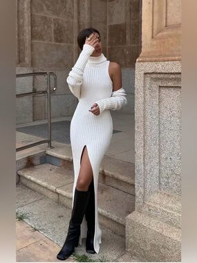 Zara Turtleneck Ribbed Knit Maxi Dress with Side Slit & Shrug  - cream